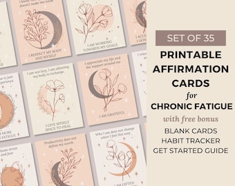 35 Chronic Fatigue Affirmation Cards Printable, Spoonie Mindfulness, Cards for Chronic Illness, Celestial Moon Botanical, Instant Download