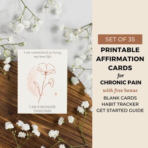 35 Chronic Pain Printable Affirmation Cards, Spoonie Mindfulness Cards, Calming Neutral Boho Floral, Digital Download image 1