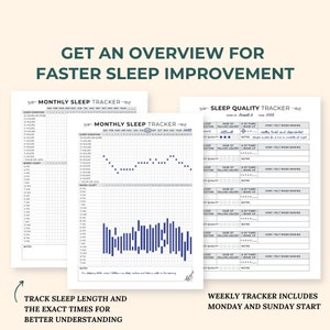 May include: Two printable sleep trackers, one monthly and one weekly. The monthly tracker has a grid for recording sleep duration and time of sleep for each day of the month. The weekly tracker has a grid for recording sleep quality, ease of falling asleep, number of times woken up, and how the person felt when waking up.
