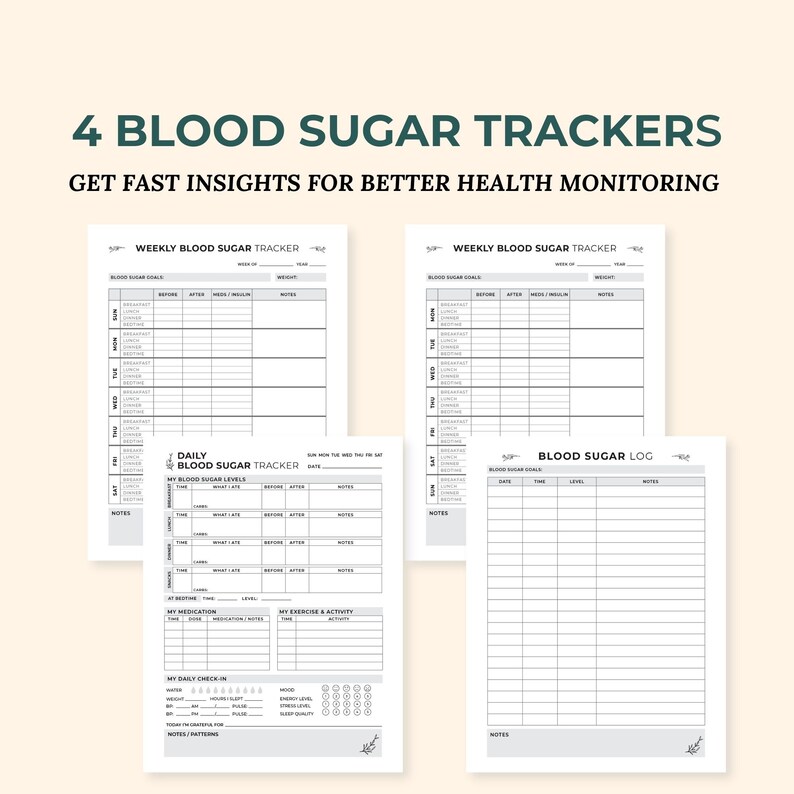 May include: Four printable blood sugar trackers in black and white. The trackers include a weekly blood sugar tracker, a daily blood sugar tracker, a blood sugar log, and a daily check-in tracker. The trackers are designed to help people monitor their blood sugar levels and make lifestyle changes to improve their health.