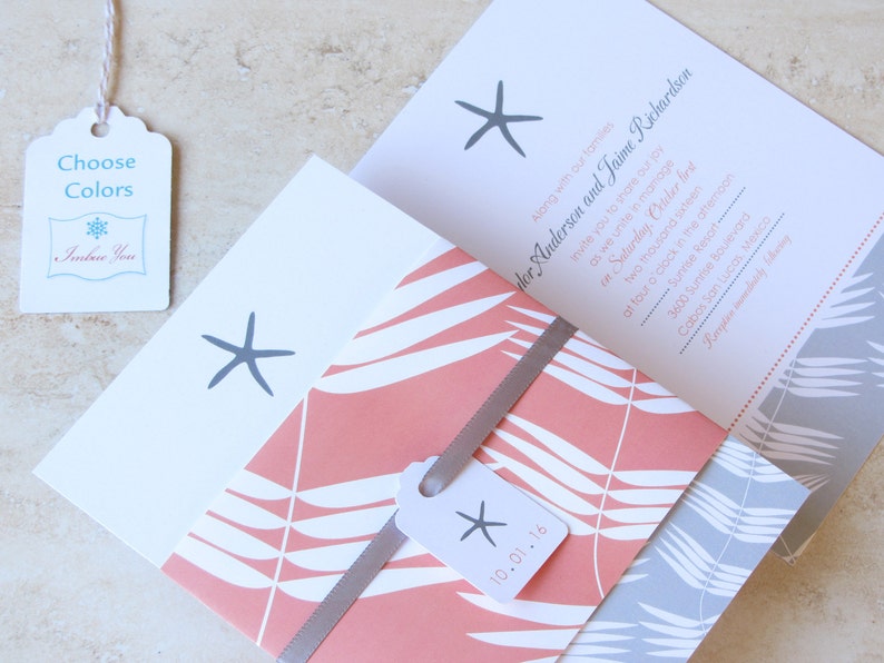 Choose Your Colors Coral Fuchsia Pink Blue Aqua Orange Cruise Wedding Belly Band Starfish Wedding Invitation -Beach Wedding Invite