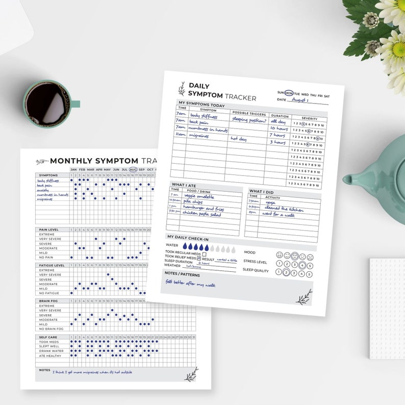 Op de afbeelding: Twee witte vellen papier met een dagelijkse en maandelijkse symptoomtracker met zwarte tekst en blauwe inktnotities. Het dagelijkse formulier bevat secties voor symptomen, triggers, voeding en stemming, terwijl het maandelijkse formulier pijn-, vermoeidheids- en concentratieniveaus bijhoudt.