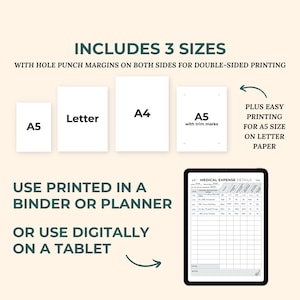 May include: Printable medical expense tracker template in three sizes: A4, Letter, and A5. The template includes hole punch margins for use in a binder or planner. The image shows a digital version of the tracker on a tablet.
