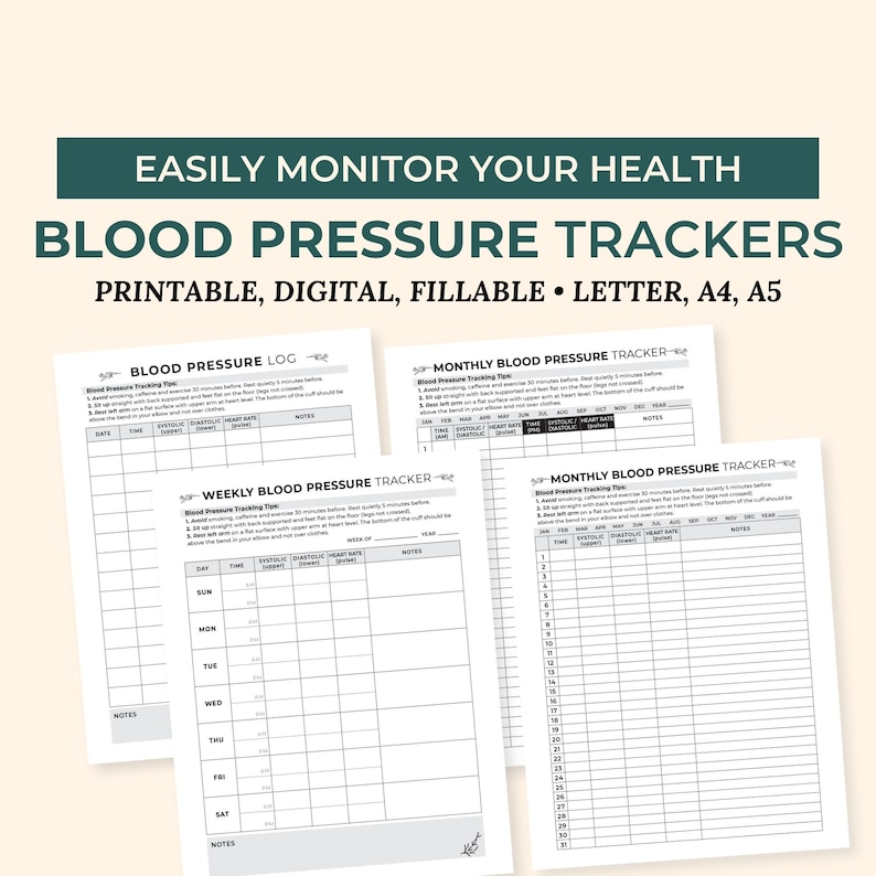 Blood Pressure Log, Blood Pressure Chart, BP Tracker, Digital Hypertension Tracking, Printable Heart Rate, Medical Binder Caregiver Log image 1