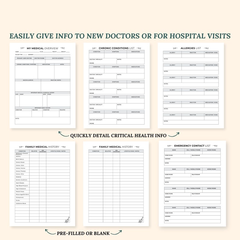 May include: A printable medical information sheet with sections for personal medical overview, chronic conditions, allergies, family medical history, and emergency contact information. The sheet is designed to help people easily share their medical information with new doctors or during hospital visits.