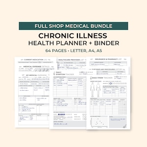 Könnte beinhalten: Ein digitales medizinisches Planer-Set mit schwarzem Text auf weißen Seiten. Das Set enthält ein Medikamentenprotokoll, eine Liste von Gesundheitsdienstleistern, eine Versicherungsliste, medizinische Ausgabendetails sowie Symptom- und Schmerztagebücher.