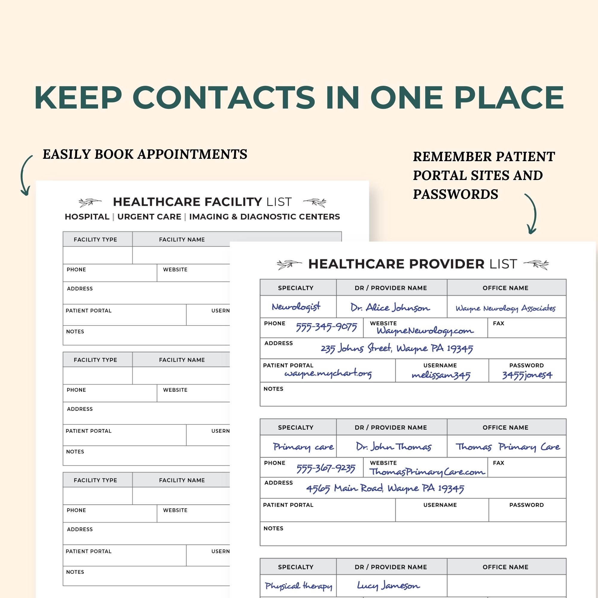 Medical Binder Contact Inserts, Emergency Contact List, Doctor List ...