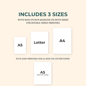 Op de afbeelding: Drie witte rechthoekige papiersjablonen met het label A5, Letter en A4, plus een extra A5-sjabloon met snijtekens. De tekst luidt: INCLUDES 3 SIZES WITH HOLE PUNCH MARGINS ON BOTH SIDES FOR DOUBLE-SIDED PRINTING, PLUS EASY PRINTING FOR A5 SIZE ON LETTER PAPER.