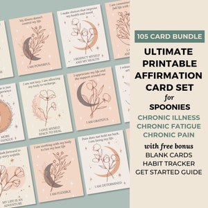 Spoonie Printable Affirmation Cards Bundle, Kit de soins personnels pour les maladies chroniques, la fatigue et la douleur, Neutre Boho Botanical, Téléchargement numérique
