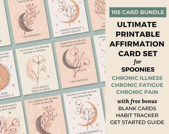 Spoonie Printable Affirmation Cards Bundle, Self Care Kit for Chronic Illness, Fatigue and Pain, Neutral Boho Botanical, Digital Download