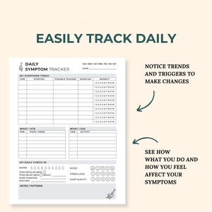 Op de afbeelding: Een wit dagelijks symptoomtracker-blad met zwarte tekst en lijnen. Het bevat secties voor symptomen, triggers, duur, ernst, voedsel, activiteiten, waterinname, stemming, stress, slaap en notities.