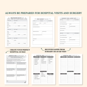May include: A printable checklist for preparing a hospital bag. The checklist is divided into sections for toiletries, clothes, comfort, health and wellness, documents, entertainment, and other items. The checklist is designed to help people prepare for hospital visits and surgery.