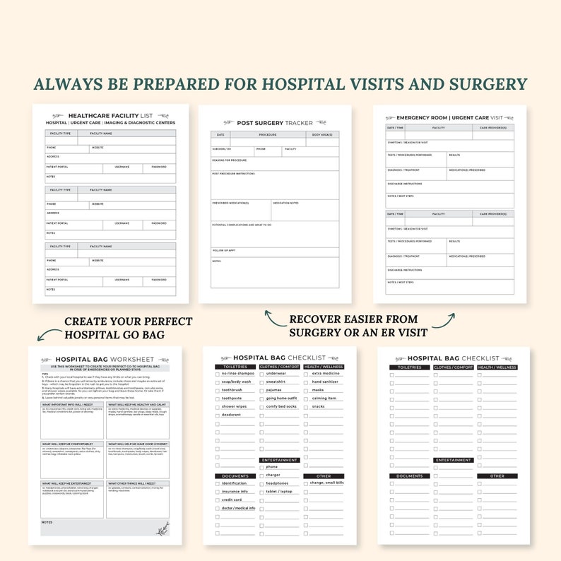 May include: A printable checklist for preparing a hospital bag. The checklist is divided into sections for toiletries, clothes, comfort, health and wellness, documents, entertainment, and other items. The checklist is designed to help people prepare for hospital visits and surgery.