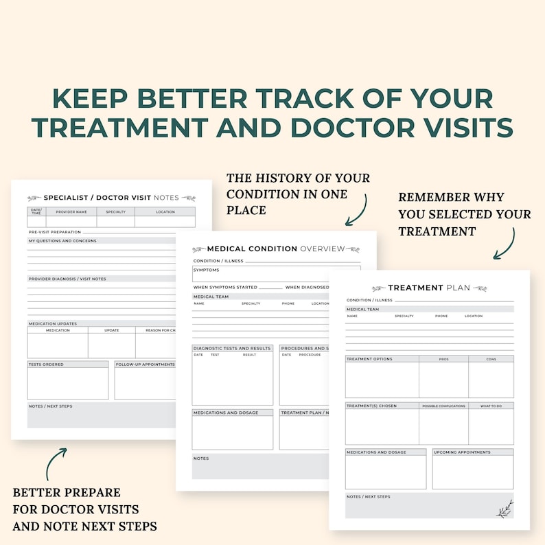 May include: Printable planner pages for tracking doctor visits and medical conditions. The pages include sections for specialist/doctor visit notes, medical condition overview, treatment plan, and notes/next steps.