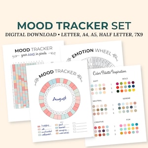 Monthly Mood Tracker Printable, Coloring Yearly Self Care Planner Insert, Digital Mental Health Journal Pages, Minimalist Circular Floral