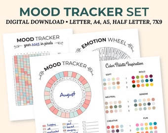 Monthly Mood Tracker Printable, Coloring Yearly Self Care Planner Insert, Digital Mental Health Journal Pages, Minimalist Circular Floral