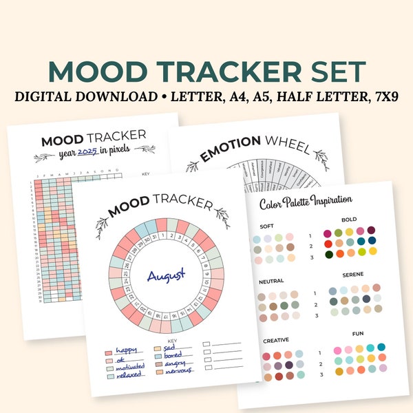 Monthly Mood Tracker Printable, Coloring Yearly Self Care Planner Insert, Digital Mental Health Journal Pages, Minimalist Circular Floral