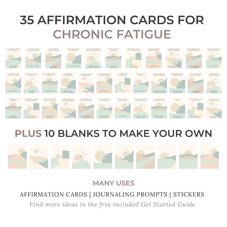 35 Chronic Fatigue Affirmation Cards Printable, Spoonie Mindfulness, Cards for Chronic Illness, Boho Abstract Landscape, Instant Download image 3