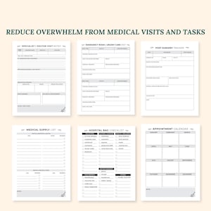May include: A printable medical planner with checklists and trackers for appointments, hospital visits, and post-surgery recovery. The planner includes sections for medical supply lists, hospital bag checklists, and an appointment calendar.