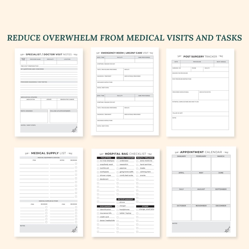 May include: A printable medical planner with checklists and trackers for appointments, hospital visits, and post-surgery recovery. The planner includes sections for medical supply lists, hospital bag checklists, and an appointment calendar.