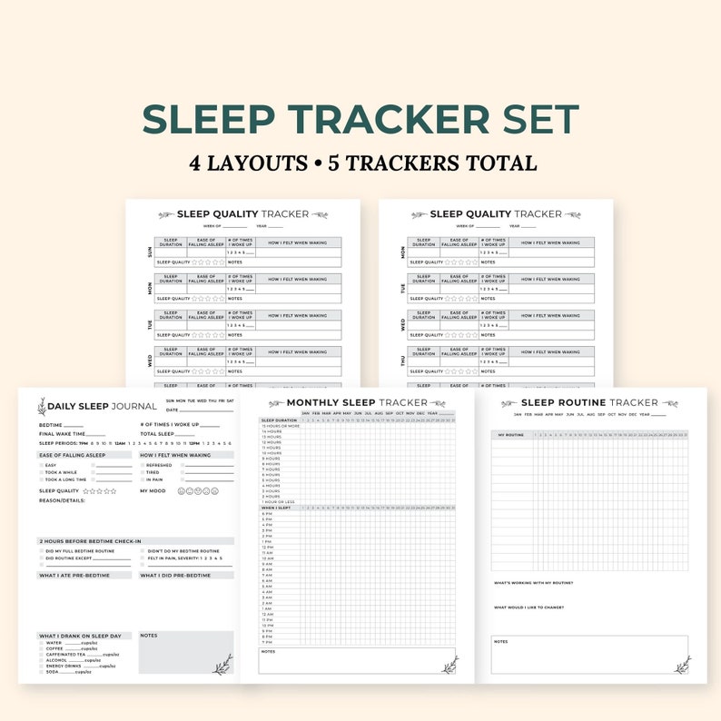 May include: A set of five printable sleep trackers in black and white. The trackers include a daily sleep journal, a sleep quality tracker, a monthly sleep tracker, and a sleep routine tracker. The trackers are designed to help you track your sleep habits and improve your sleep quality.