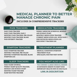 May include: A green and white printable planner with the title "Medical Planner to Better Manage Chronic Pain" and the text "Includes 24 Comprehensive Trackers". The planner includes sections for pain trackers, medication trackers, symptom trackers, treatment planner, sleep trackers, and a section titled "You Might Also Like:" with the text "The Chronic Illness Medical Binder 30 Extensive Sheets to Keep Your Important Health Info in One Place Link in Description".
