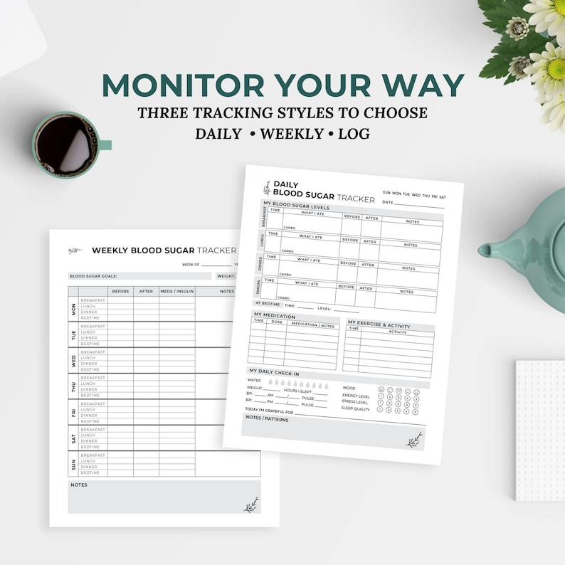 May include: A printable blood sugar tracker with three tracking styles: daily, weekly, and log. The tracker includes sections for blood sugar levels, medication, exercise, and a daily check-in.