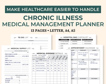 May include: A printable planner designed for managing chronic illness. The planner includes sections for to-do lists, medical supply lists, medical expense details, and an appointment calendar. The planner is designed in a minimalist style with a light gray background and black text.