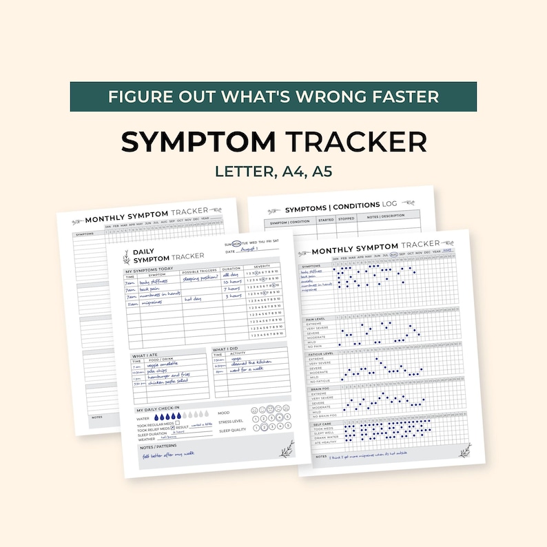 Op de afbeelding: Een printbare symptoomtracker-set bestaande uit drie witte pagina's met zwarte tekst en rasters. De pagina's bevatten koppen zoals Monthly Symptom Tracker, Daily Symptom Tracker en Symptoms | Conditions Log voor het bijhouden van gezondheidsgegevens.