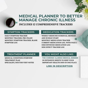 May include: A green and white graphic with the text "Medical Planner to Better Manage Chronic Illness" and "Includes 12 Comprehensive Trackers". The graphic lists different trackers for symptoms, medication, and treatment planning. It also includes a section titled "You Might Also Like" with a description of a chronic illness medical binder.