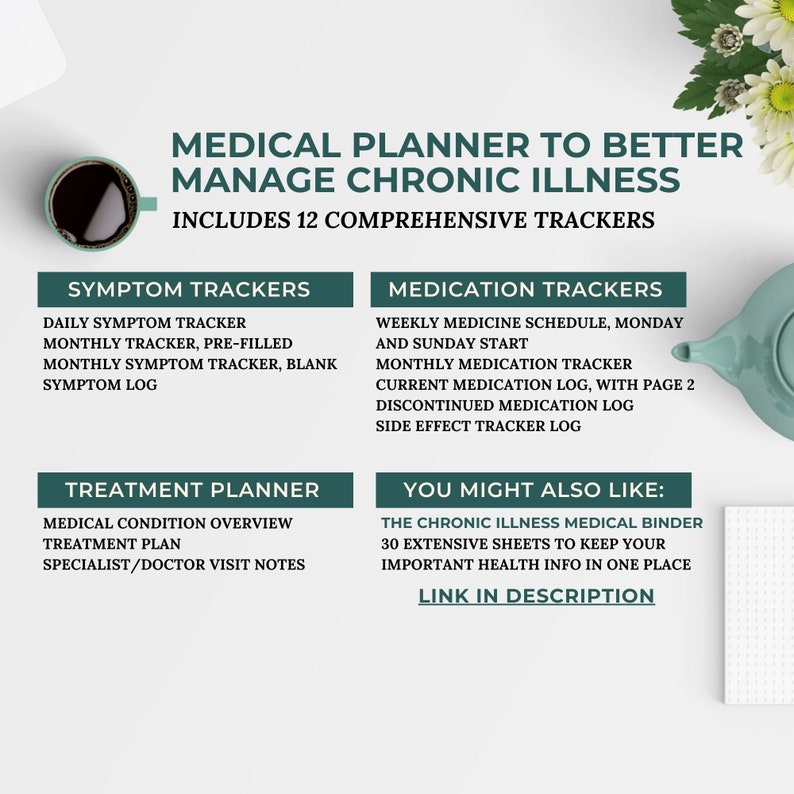 May include: A green and white graphic with the text "Medical Planner to Better Manage Chronic Illness" and "Includes 12 Comprehensive Trackers". The graphic lists different trackers for symptoms, medication, and treatment planning. It also includes a section titled "You Might Also Like" with a description of a chronic illness medical binder.