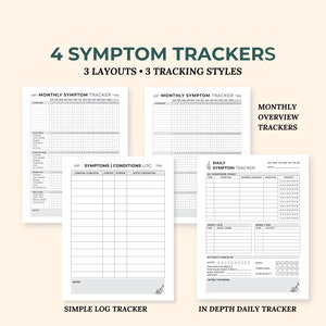 May include: Four printable symptom tracker templates with different layouts and tracking styles. The templates include a monthly overview tracker, a simple log tracker, and an in-depth daily tracker.