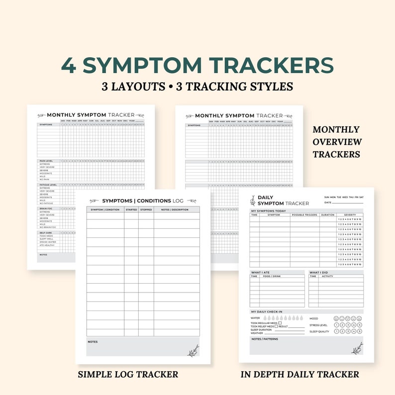 May include: Four printable symptom tracker templates with different layouts and tracking styles. The templates include a monthly overview tracker, a simple log tracker, and an in-depth daily tracker.