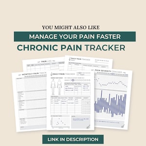 May include: A set of printable chronic pain tracker sheets. The sheets include a daily pain tracker, a monthly pain tracker, a pain log, and a pain severity tracker. The sheets are designed to help people manage their chronic pain.