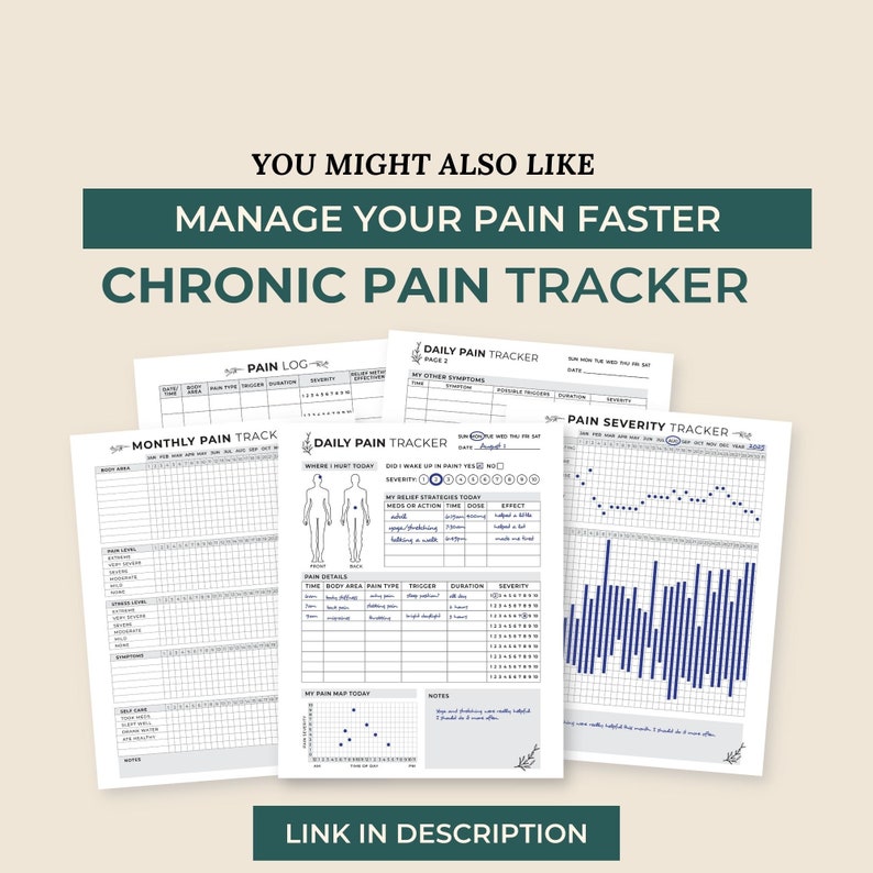 May include: A set of printable chronic pain tracker sheets. The sheets include a daily pain tracker, a monthly pain tracker, a pain log, and a pain severity tracker. The sheets are designed to help people manage their chronic pain.