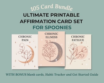 Spoonie Printable Affirmation Cards Bundle, Self Care Kit for Chronic Illness, Fatigue and Pain, Neutral Boho Botanical, Digital Download