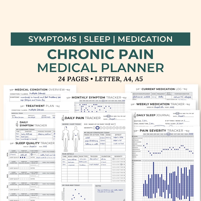 Chronic Pain Medical Planner, including pain management tracker, symptom tracer, medication tracker, treatment plan and sleep tracker. Printable planner for Chronic Illness with pain.