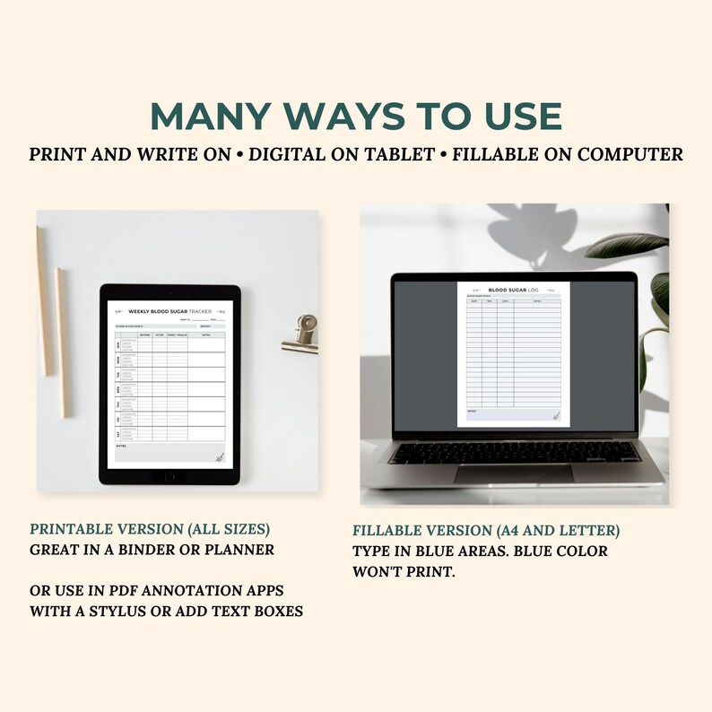 May include: A digital printable blood sugar tracker with a weekly log. The tracker can be printed, used on a tablet, or filled out on a computer. The image shows a tablet and a laptop with the tracker displayed on the screen.