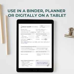 May include: A digital daily sleep journal on a tablet screen. The journal includes sections for bedtime, final wake time, sleep period, ease of falling asleep, sleep quality, how you felt when waking, and a 2 hours before bedtime check-in. The journal also includes sections for what you ate and drank before bed, and notes.