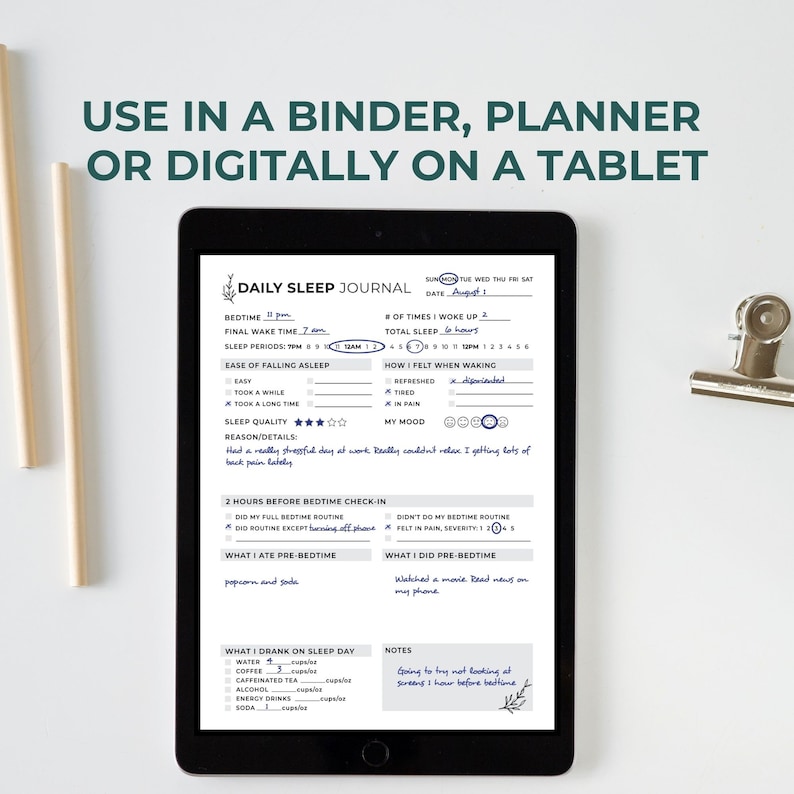 May include: A digital daily sleep journal on a tablet screen. The journal includes sections for bedtime, final wake time, sleep period, ease of falling asleep, sleep quality, how you felt when waking, and a 2 hours before bedtime check-in. The journal also includes sections for what you ate and drank before bed, and notes.