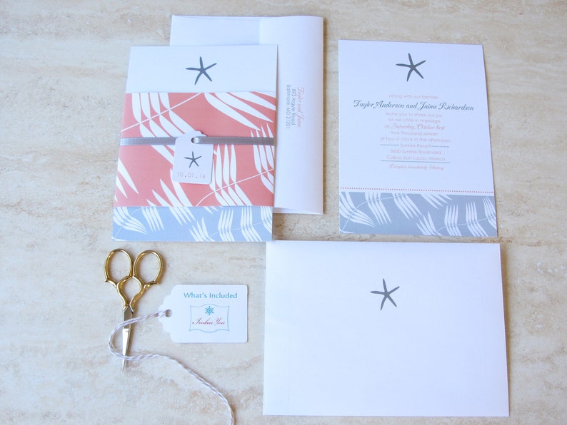 Choose Your Colors Coral Fuchsia Pink Blue Aqua Orange Cruise Wedding Belly Band Starfish Wedding Invitation -Beach Wedding Invite