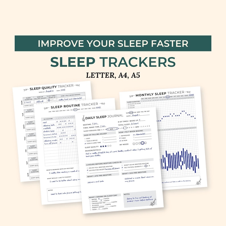 May include: A set of printable sleep trackers in black and white with a nautical theme. The trackers include a sleep quality tracker, a sleep routine tracker, a daily sleep journal, and a monthly sleep tracker. The trackers are designed to help you improve your sleep.