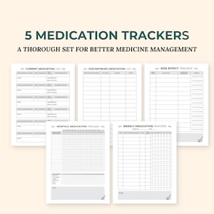 May include: Five printable medication trackers for managing medicine. The trackers include a current medication log, discontinued medication log, side effect tracker, monthly medication tracker, and weekly medication tracker.
