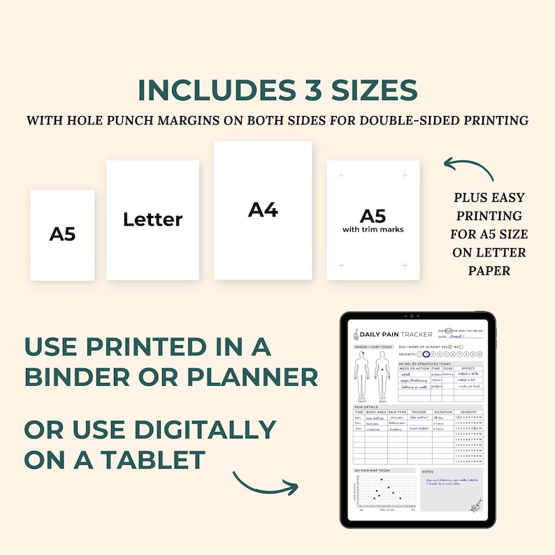 May include: Printable daily pain tracker in three sizes: A4, Letter, and A5. The tracker includes a body diagram for marking pain locations, sections for pain details, and a notes section. The text "PLUS EASY PRINTING FOR A5 SIZE ON LETTER PAPER" is visible in the image.
