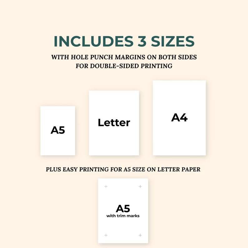 May include: A white background with the text "INCLUDES 3 SIZES" in green.  Below the text are three white rectangles with the text "A4", "Letter", and "A5" in black.  Below the rectangles is the text "PLUS EASY PRINTING FOR A5 SIZE ON LETTER PAPER".  Below this text is a white rectangle with the text "A5 with trim marks" in black.  There are four plus signs around the rectangle.