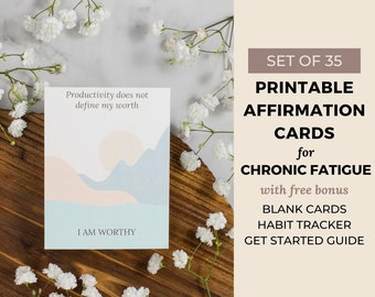 35 Chronic Fatigue Affirmation Cards Printable, Spoonie Mindfulness, Cards for Chronic Illness, Boho Abstract Landscape, Instant Download