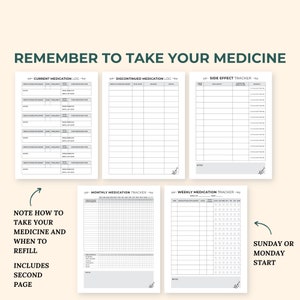 May include: Printable medication log and tracker pages. Includes a current medication log, discontinued medication log, side effect tracker, monthly medication tracker, and weekly medication tracker.  The pages are black and white with a simple design.