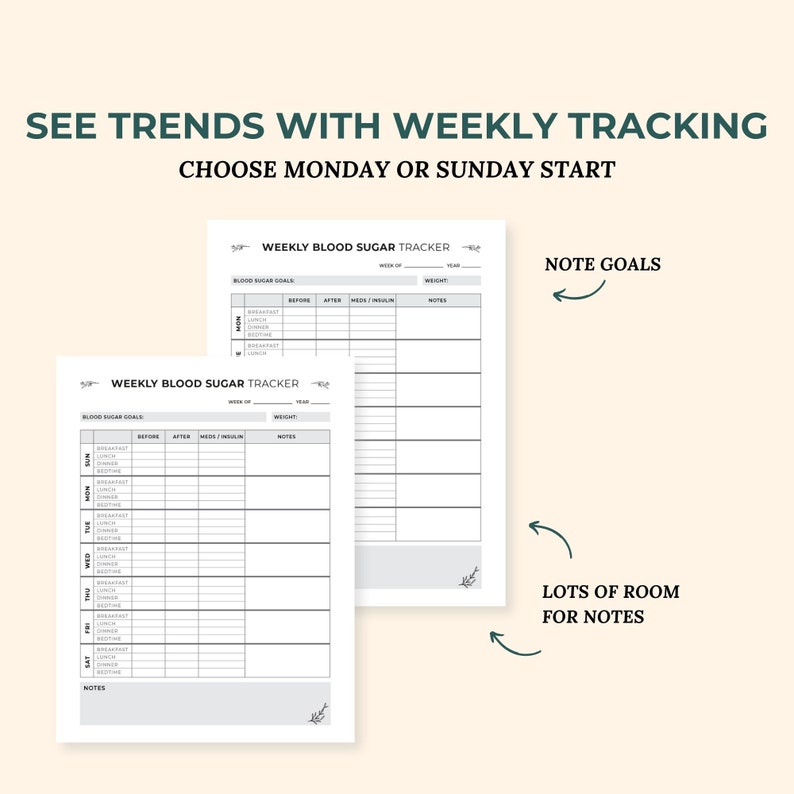 May include: Printable weekly blood sugar tracker with space for notes, blood sugar goals, medication, and insulin. Choose a Monday or Sunday start.