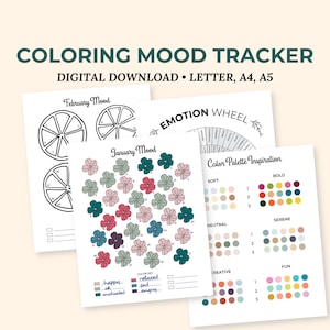 Monatlicher Stimmungstracker, Selbstpflege Planer Erwachsene Malvorlagen, Wellness Journal, Digitale psychische Gesundheit Journal, Blumen Obst