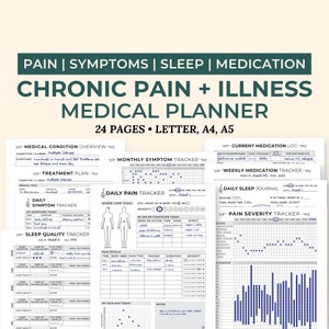 Chronic Pain Tracker and Medical Planner, Pain Diary, Chronic Illness Journal, Sleep Symptom Tracker Printable, Medication Tracker